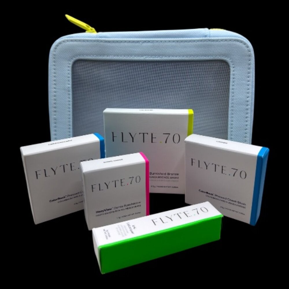 Flyte 70 5PC Makeup Bundle w/Cosmetic Travel Bag in Pale Blue/Neon Yellow (NEW)